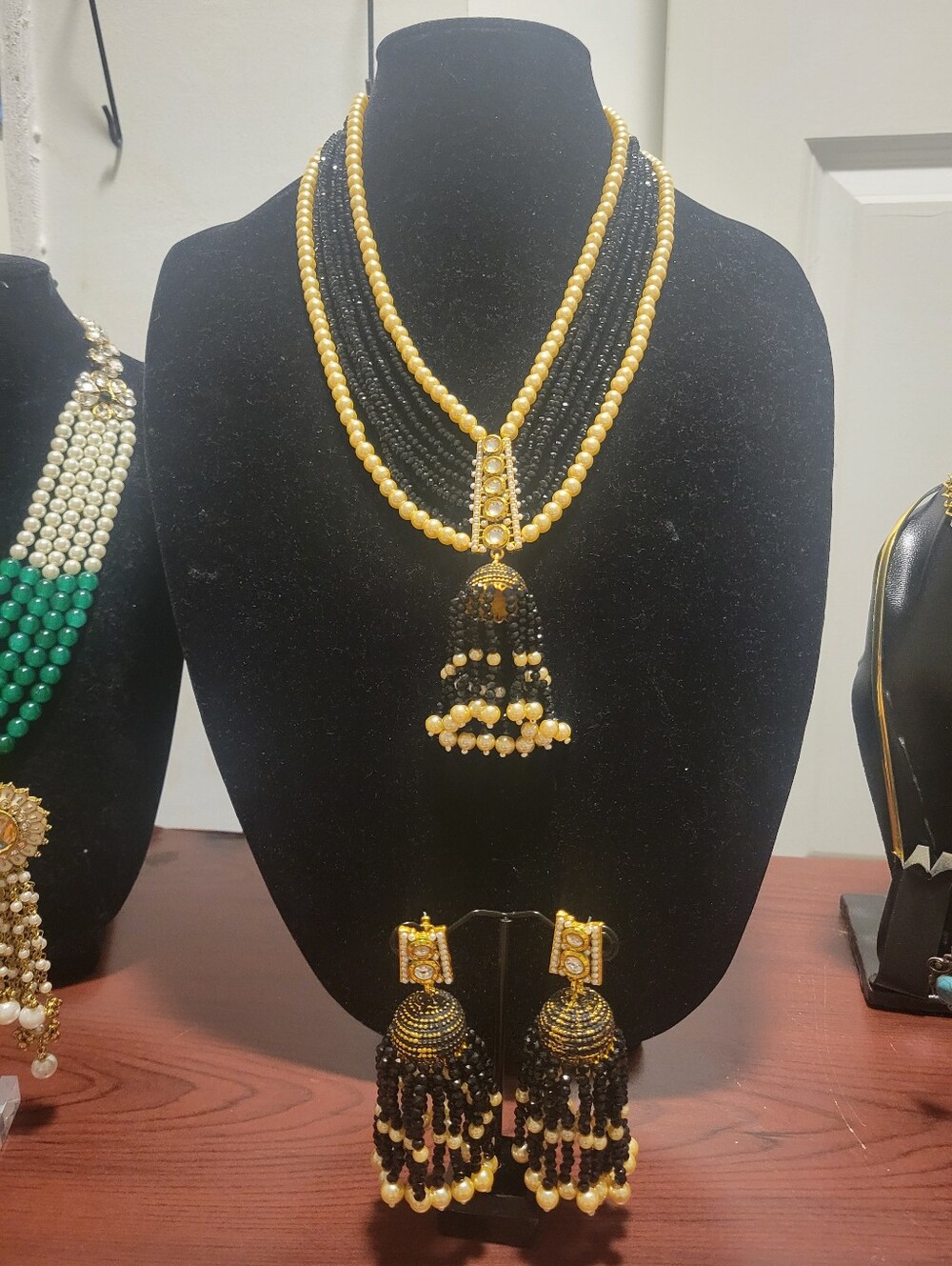 Gold and Black Beaded Necklace Set with Tassel Pendant